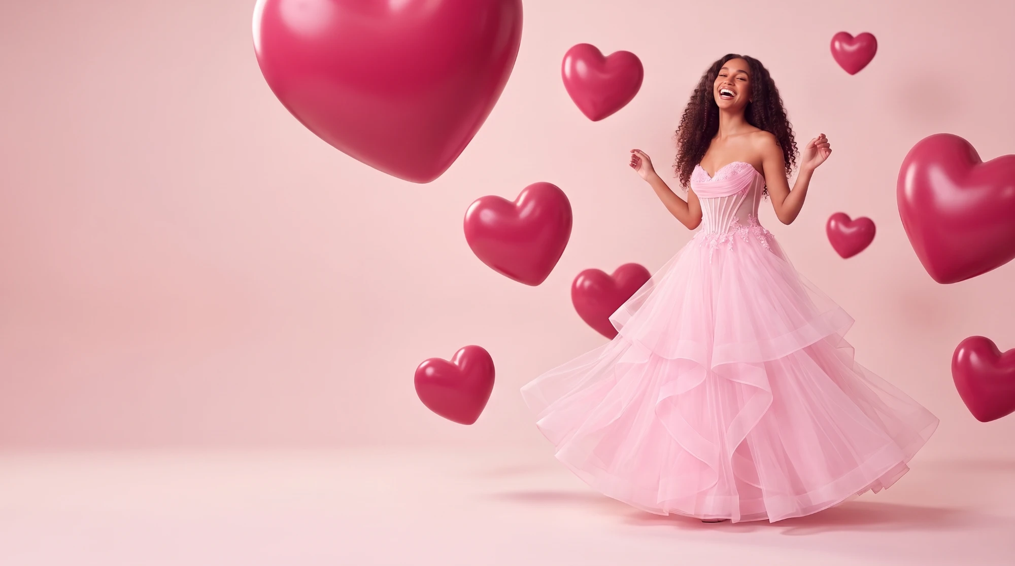 A girl laughing as she twirls in a pink tulle ball gown, surrounded by floating hearts